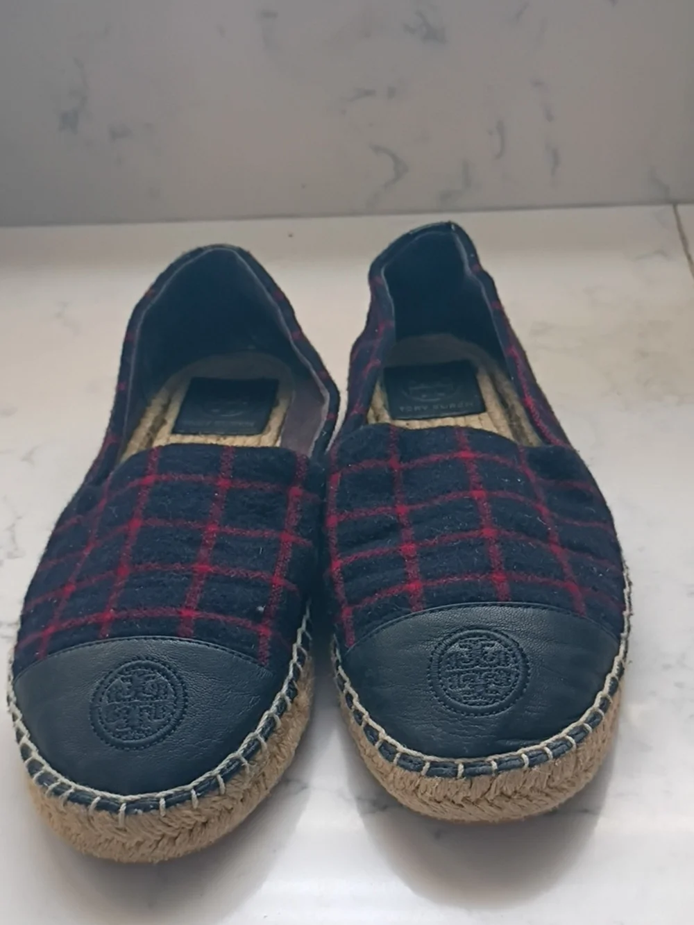 Tory Burch Navy and Red Plaid Espadrille Flats with Logo Toe
